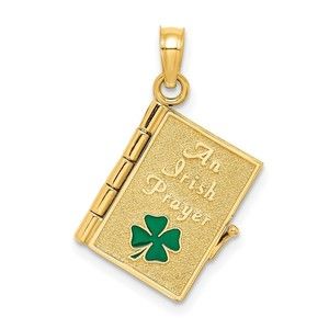10k Yellow Gold 3-D Enameled AN IRISH PRAYER Book Clover Necklace Charm Pendant